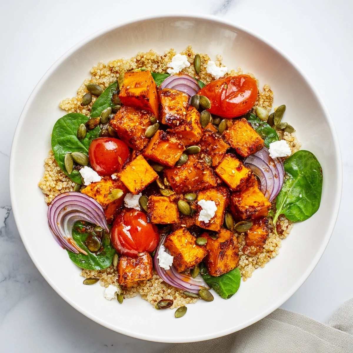 Golden Honey-Roasted Butternut Squash Bowl: tender squash with quinoa, vegetables, and a creamy honey-lime dressing.