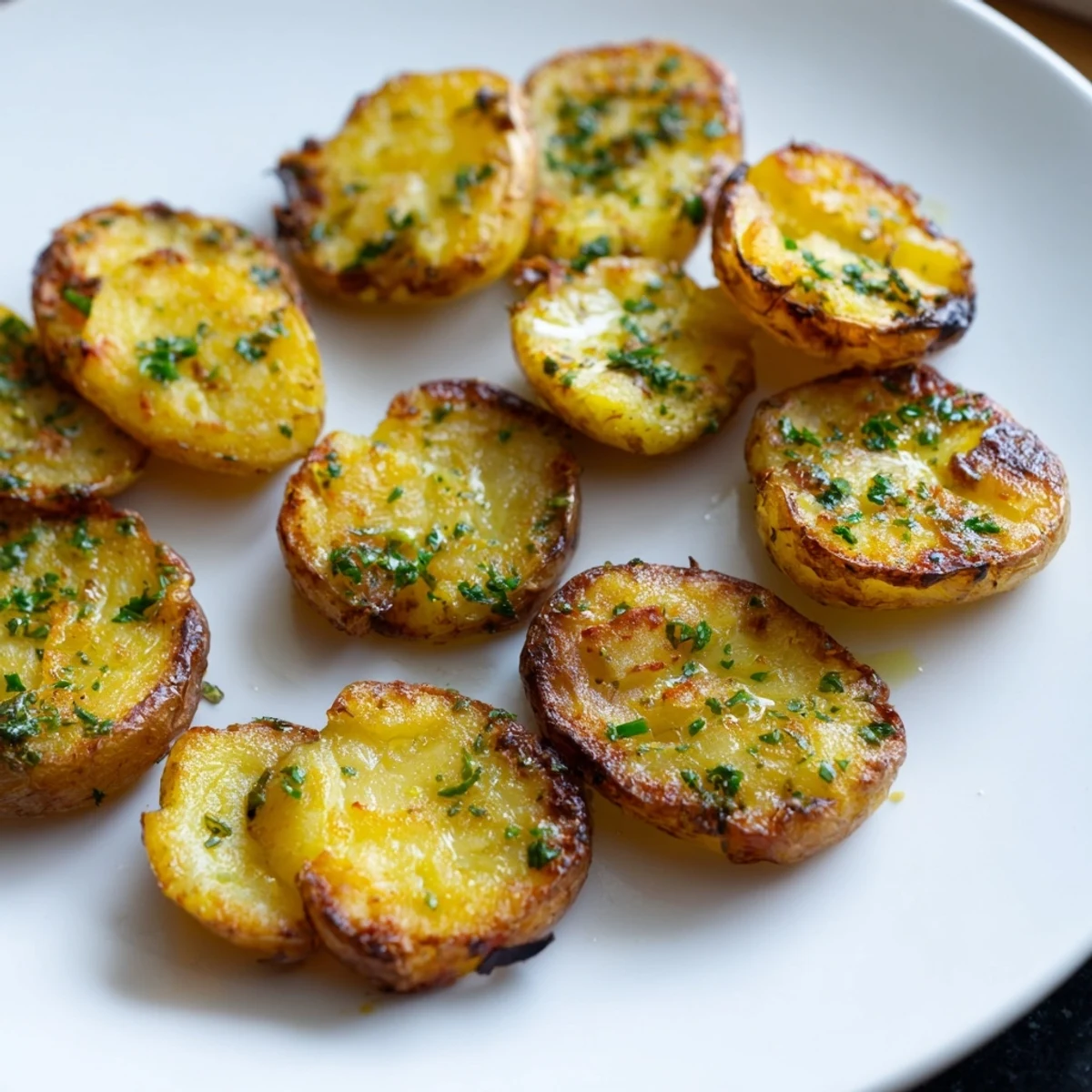 Golden-brown crispy garlic butter roasted smash potatoes, perfect alongside fresh herbs in a comforting side.