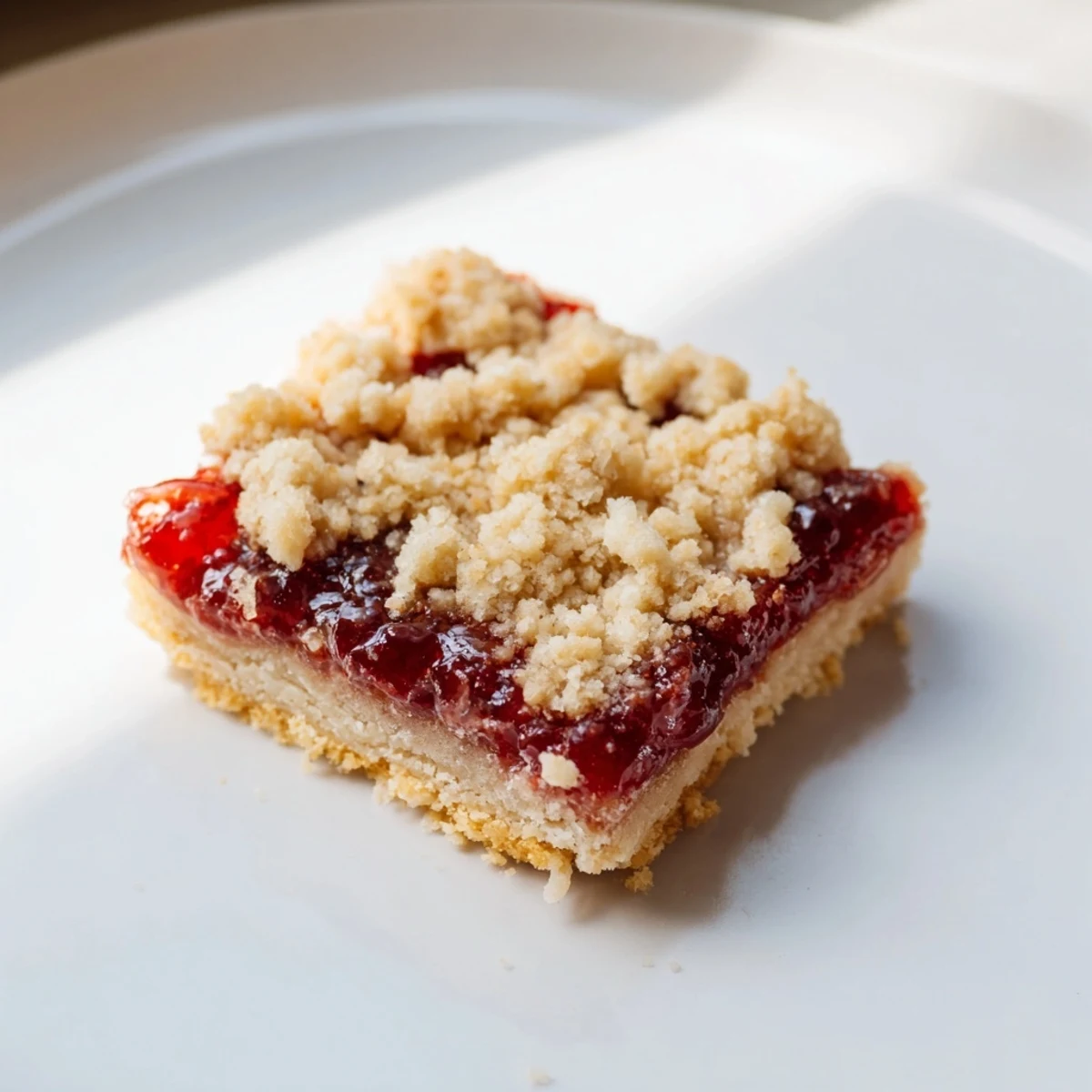 Crumbly top shows off these Simple Homemade Strawberry Jam Squares, with a sweet, fruity filling.