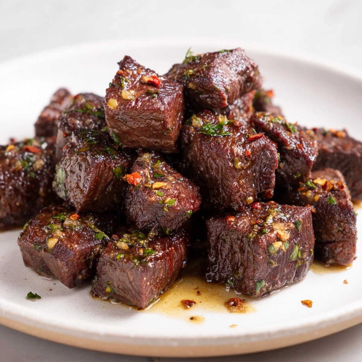 Juicy skillet-seared steak bites glistening with garlic butter, perfect for a flavorful weeknight meal.