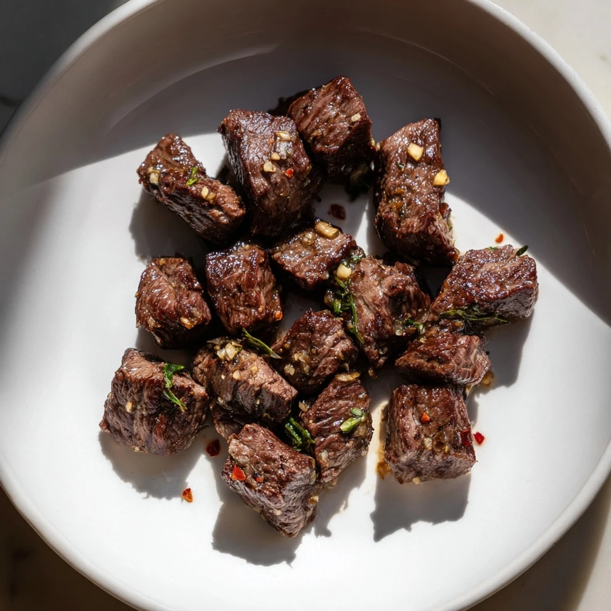 Golden-brown skillet-seared steak bites, coated in aromatic garlic butter, ready to be enjoyed.