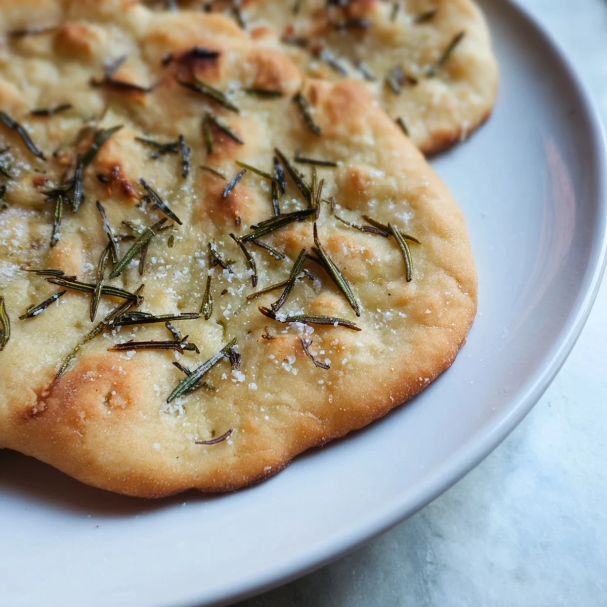Golden bubbling Quick Homemade Flatbread with Rosemary and Sea Salt, ready to be pulled apart with savory smells.