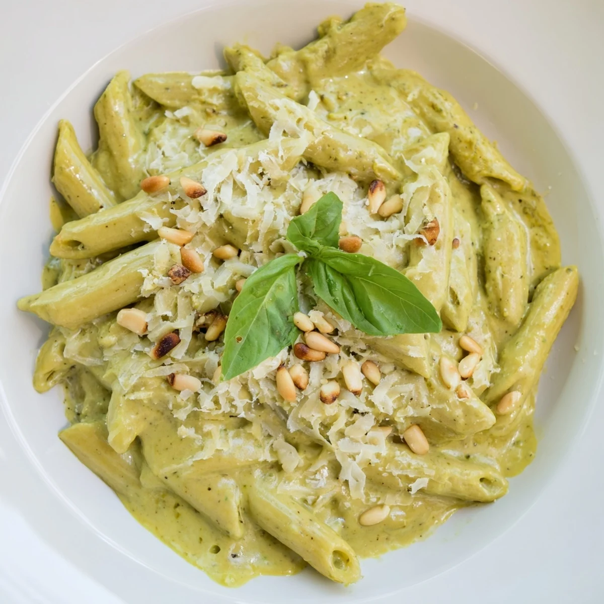 Steaming hot, creamy pesto pasta tossed with vibrant green sauce, Parmesan, and fresh basil for a quick dinner.