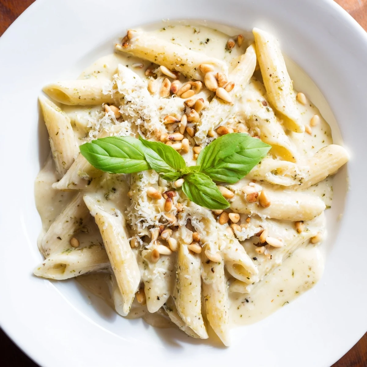 A close-up shot of delicious, creamy pesto pasta; it's a simple, comforting Italian weeknight recipe.