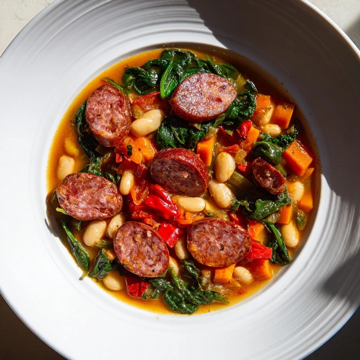 One-Pot Sausage and White Bean Stew, steaming hot, showcasing hearty sausage and vegetables.