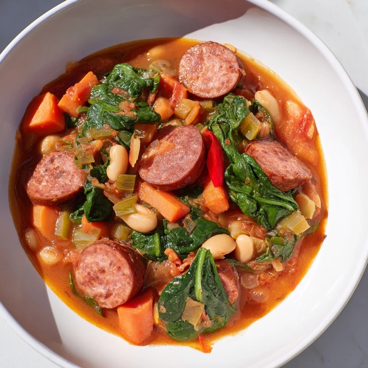 A close-up of the One-Pot Sausage and White Bean Stew with tender vegetables, ready to eat.