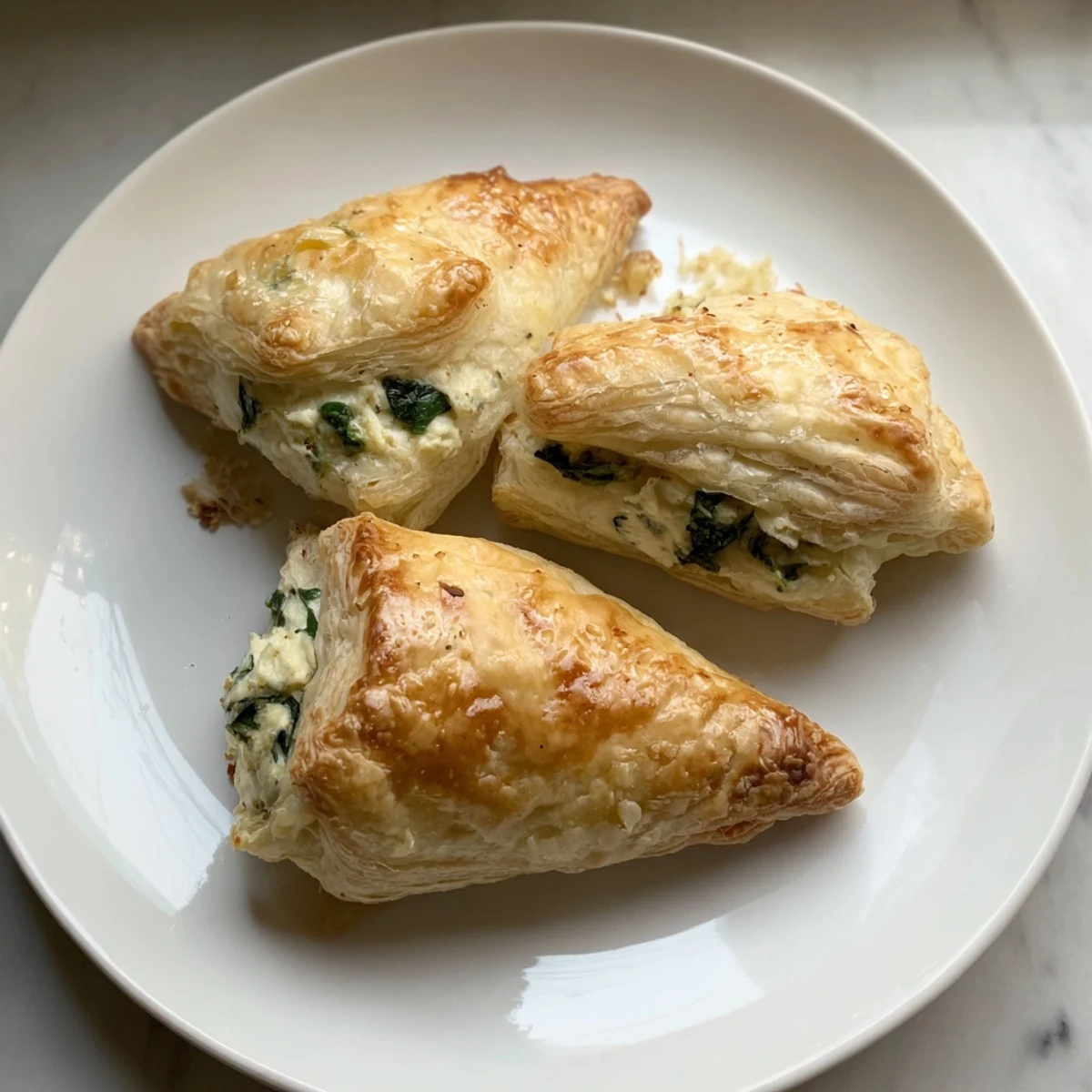 Close-up of fluffy Savory Spinach and Ricotta Puff Pastry Triangles, ready to eat, with a rich, creamy filling.