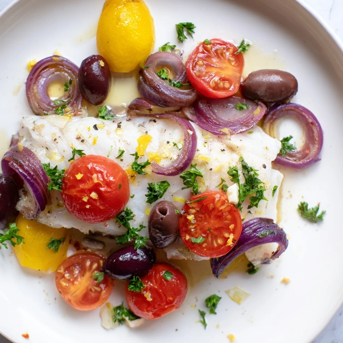 Juicy one-tray baked cod with colorful tomatoes and herbs, perfect for a flavorful weeknight meal.