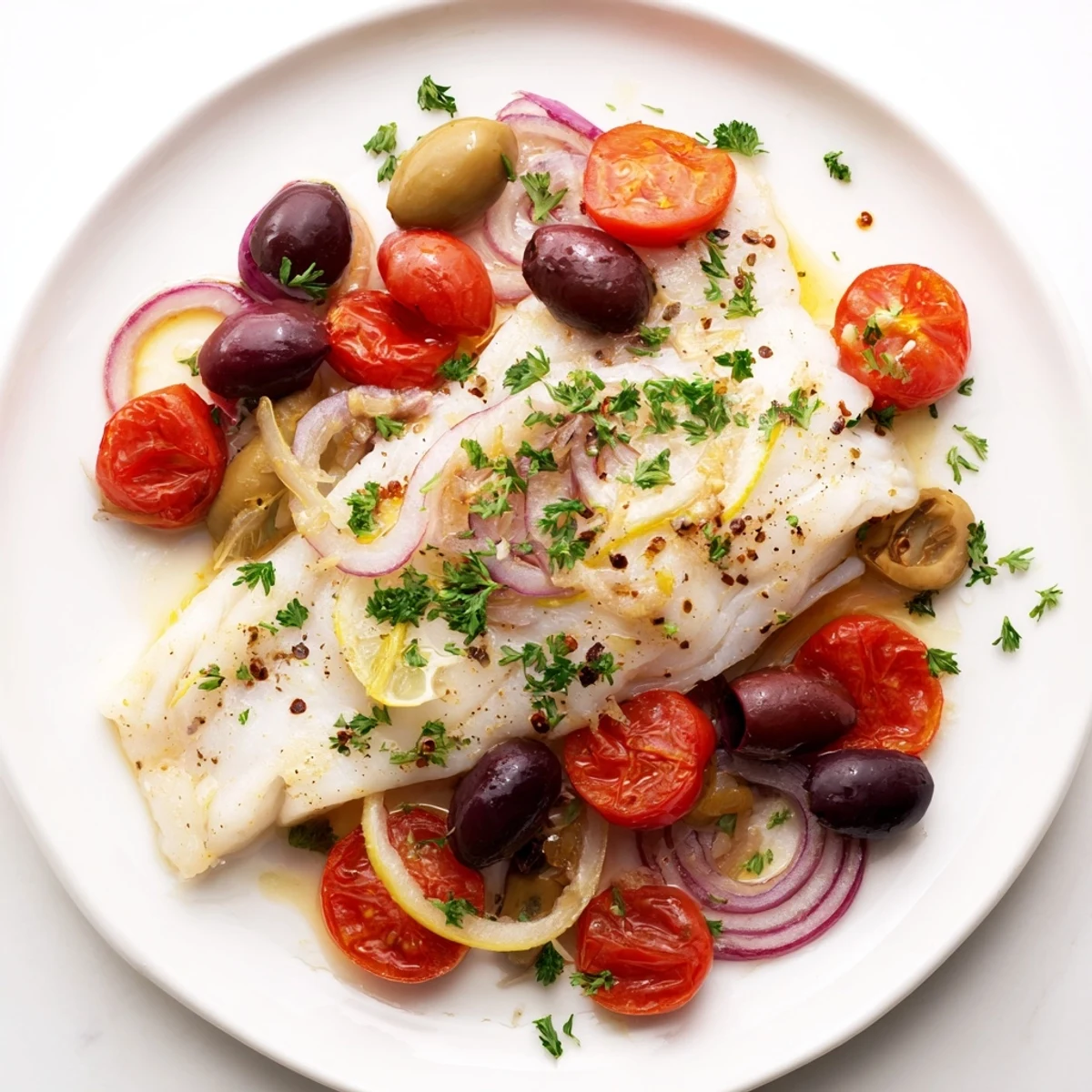 A flavorful close-up of tender one-tray baked cod with the bright colors of Mediterranean flavors.