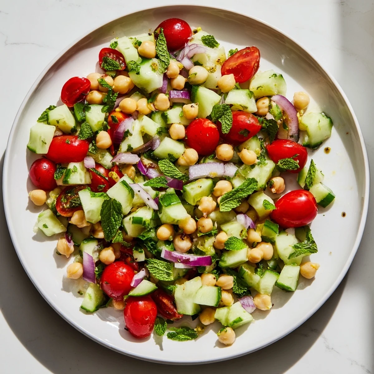 Refreshing Fresh Cucumber and Chickpea Salad with Lemon Mint, showcasing juicy tomatoes and flavorful chickpeas in a bowl.