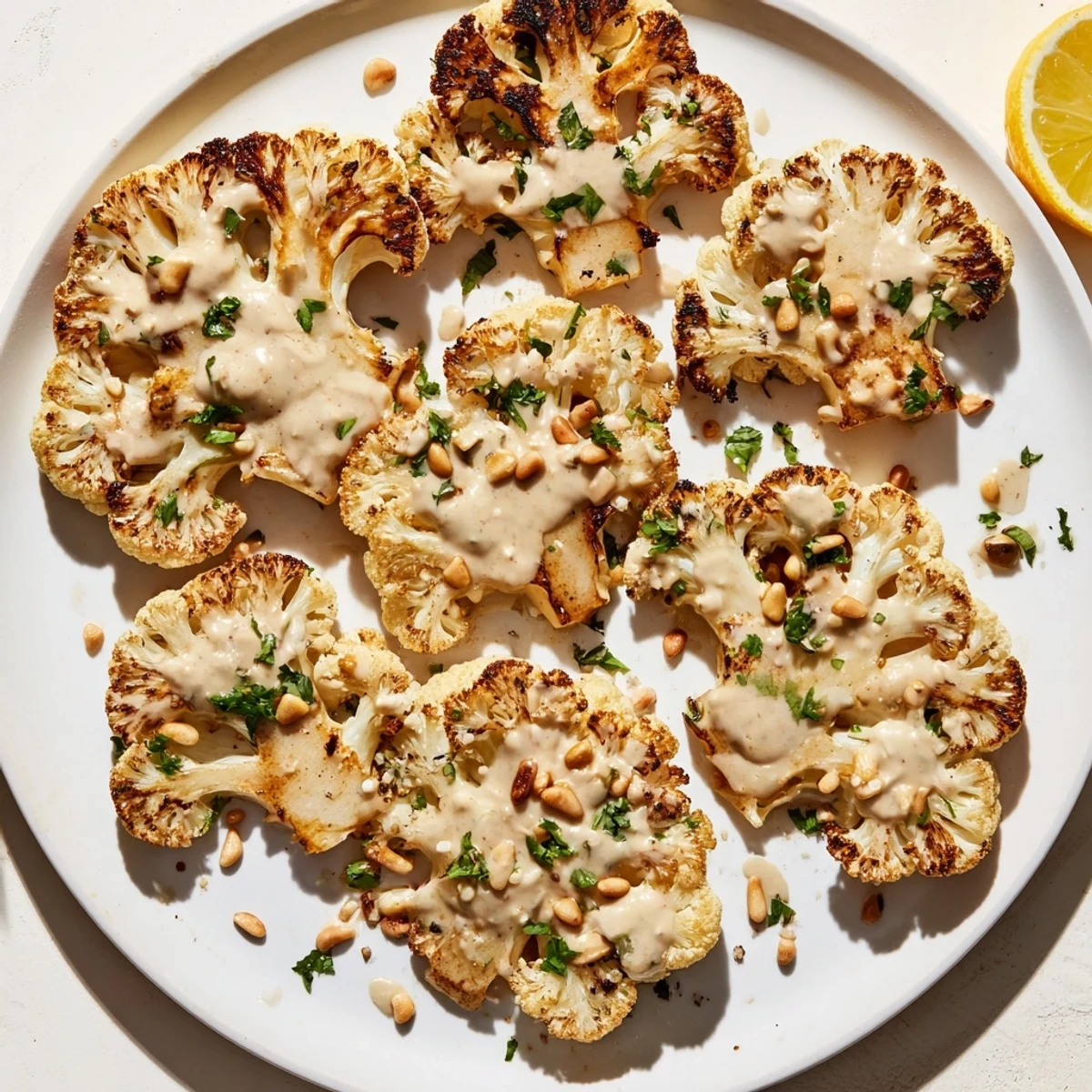 Tender, roasted cauliflower steaks, a delicious vegetarian meal complete with tahini and parsley.