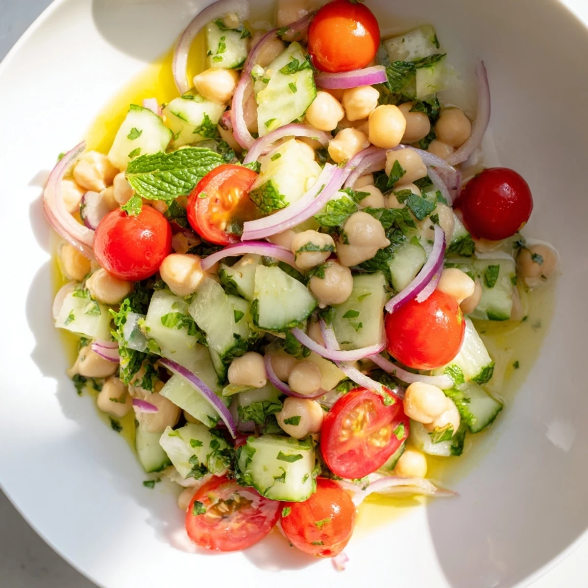 Refreshing Fresh Cucumber and Chickpea Salad with Lemon Mint, showcasing juicy tomatoes and flavorful chickpeas in a bowl.