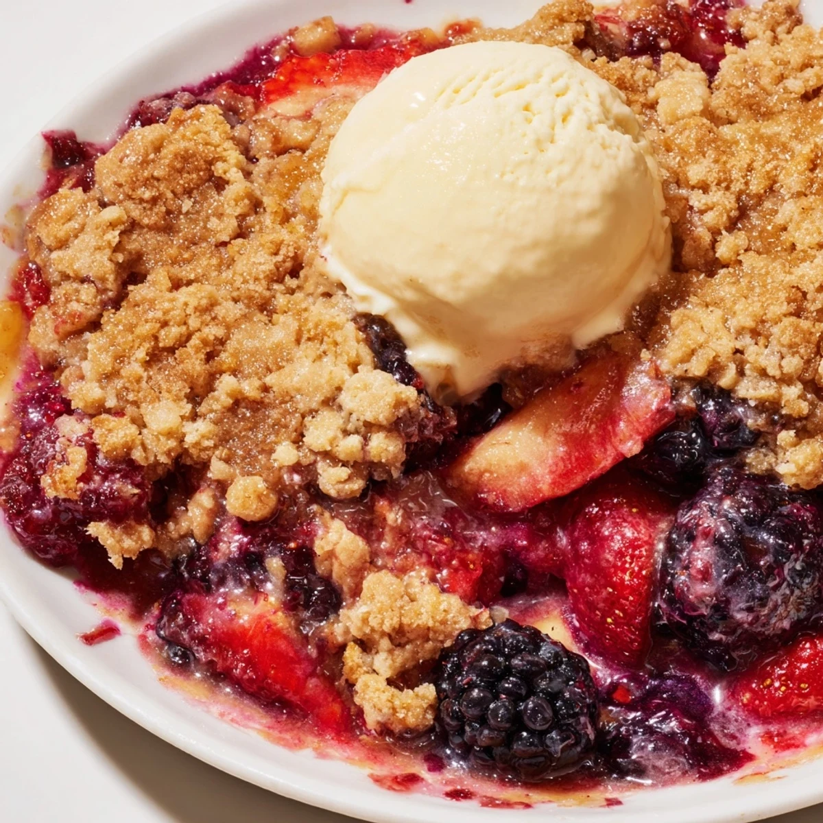 Warm Rustic Summer Berry Cobbler bubbling with ripe berries under a golden biscuit topping, ready to serve.