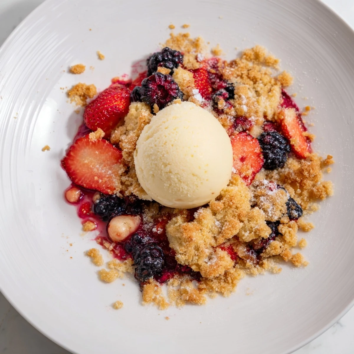 Aromatic Rustic Summer Berry Cobbler, fresh from the oven, with a creamy vanilla ice cream scoop on top.