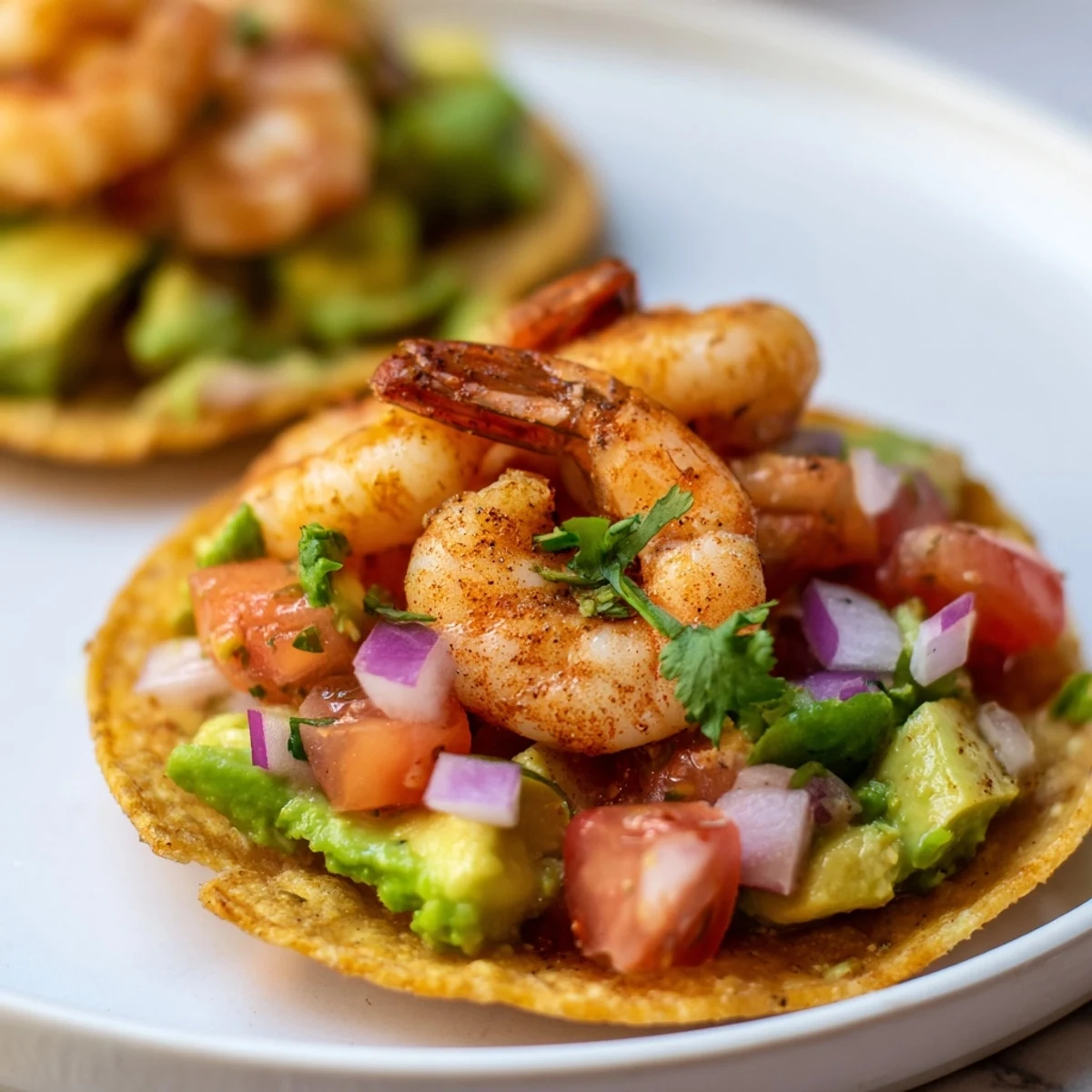 Quick shrimp and avocado tostadas piled high, showcasing fresh, colorful ingredients like cilantro and red onion.
