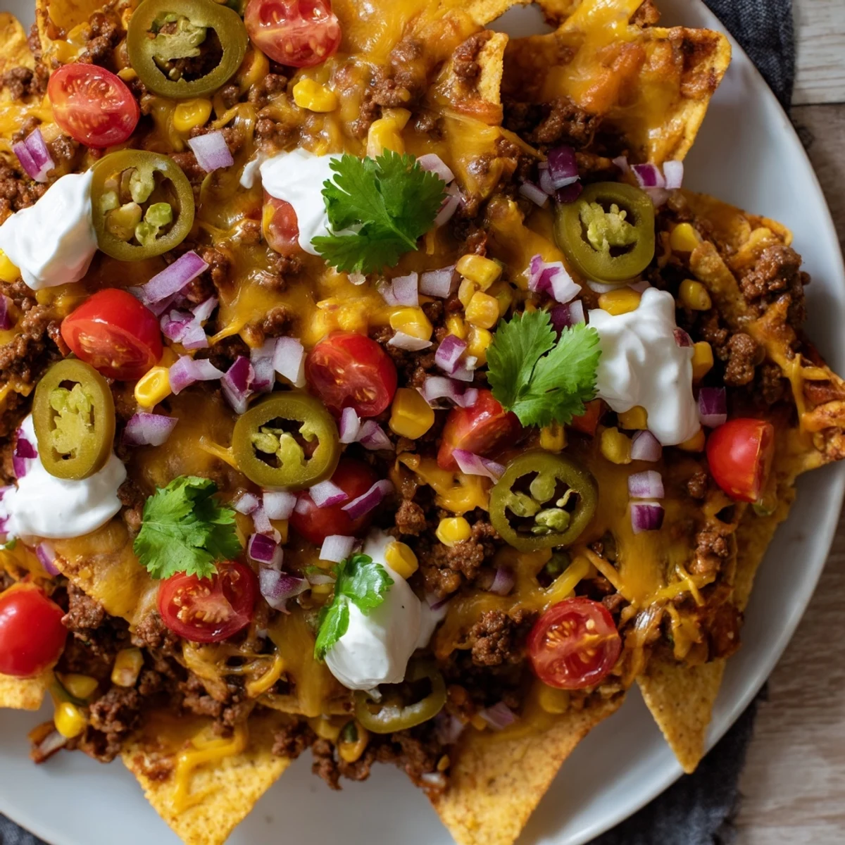 Golden, bubbly cheese blankets crispy tortilla chips in this picture of classic sheet pan beef nachos.
