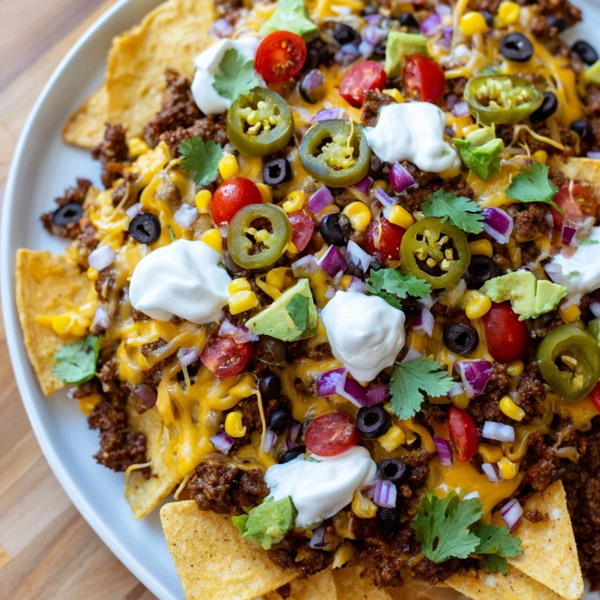Classic beef nachos piled high with melted cheddar, juicy tomatoes, and vibrant toppings, ready to enjoy.