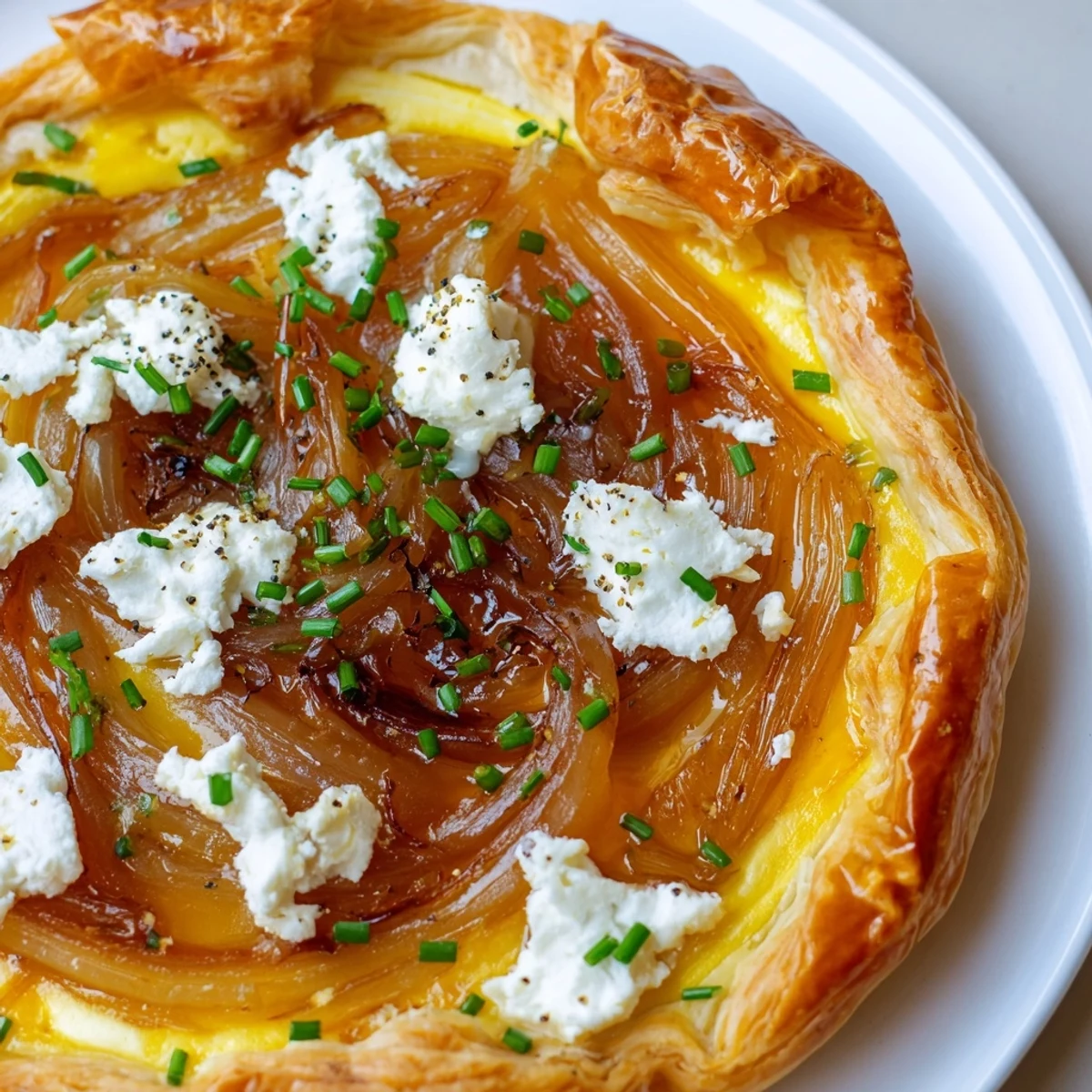 Decadent Caramelized Onion and Goat Cheese Tart, a savory and flaky French-inspired brunch item.