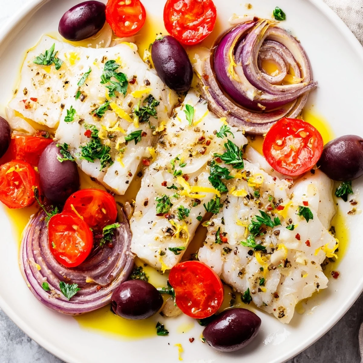 Golden, flaky one-tray baked cod surrounded by roasted cherry tomatoes and savory olives.