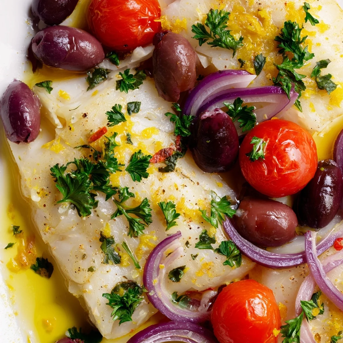 Juicy one-tray baked cod with colorful tomatoes and herbs, perfect for a flavorful weeknight meal.