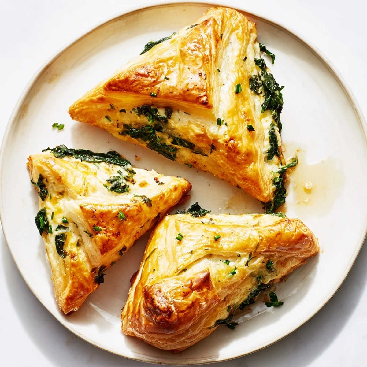 Golden, baked Savory Spinach and Ricotta Puff Pastry Triangles, showcasing a flaky, delicious appetizer.