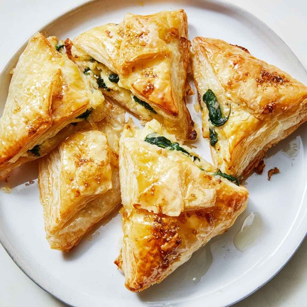 Close-up of fluffy Savory Spinach and Ricotta Puff Pastry Triangles, ready to eat, with a rich, creamy filling.
