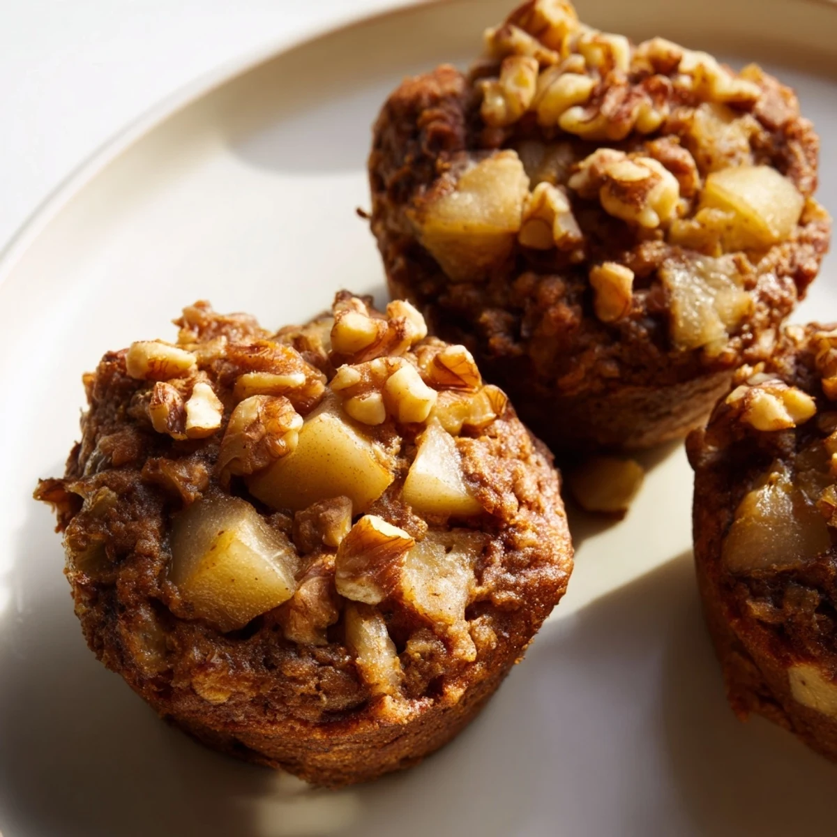 Close-up of fluffy Seasonal Spiced Pear and Walnut Muffins revealing juicy pear pieces and warming spices.