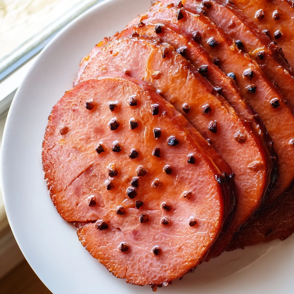 Golden, glistening Slow-Cooked Honey Glazed Ham, served with orange slices and rich, sticky glaze.