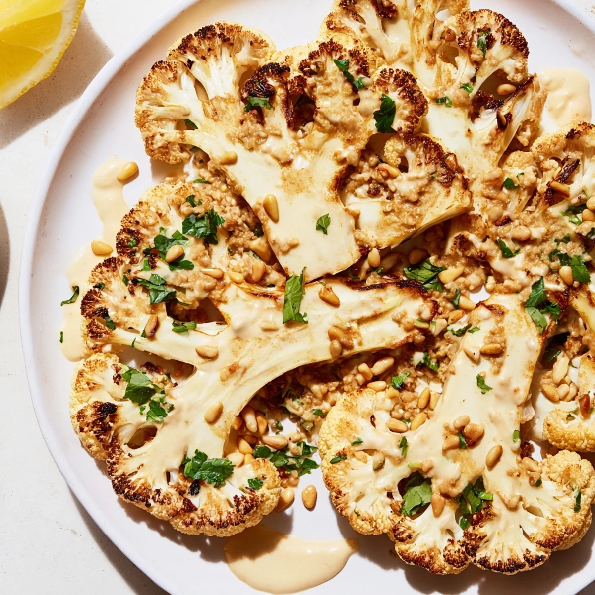 Golden-brown Roasted Cauliflower Steaks topped with vibrant creamy tahini drizzle, ready to serve.