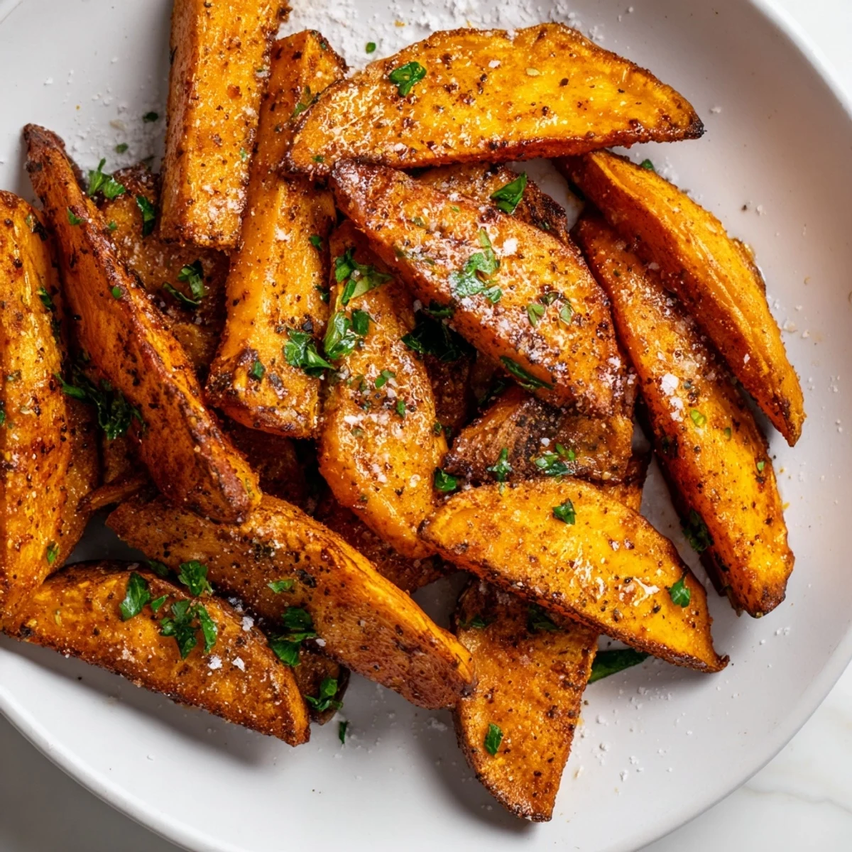 Golden-brown, crispy oven-baked sweet potato wedges, seasoned with smoky paprika, perfect side dish.