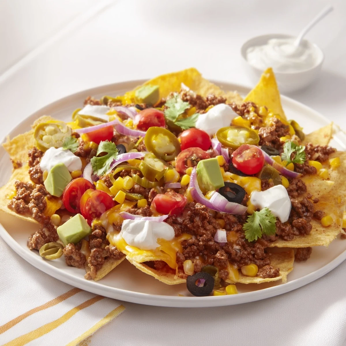 Steaming hot Classic Sheet Pan Beef Nachos; melted cheese blankets savory beef and tortilla chips.