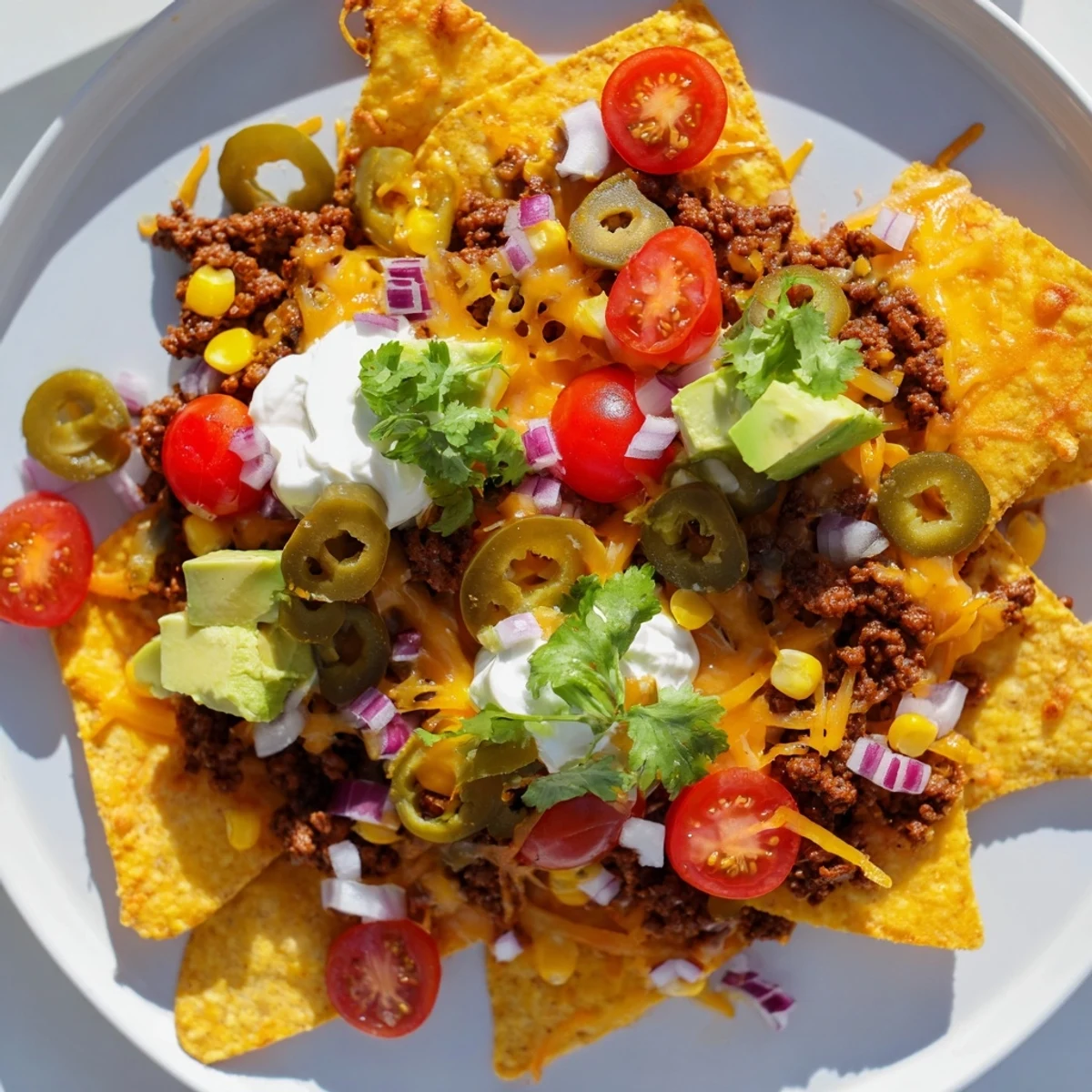 A photo shows golden, bubbly Classic Sheet Pan Beef Nachos with fresh, colorful Tex-Mex toppings and sour cream.