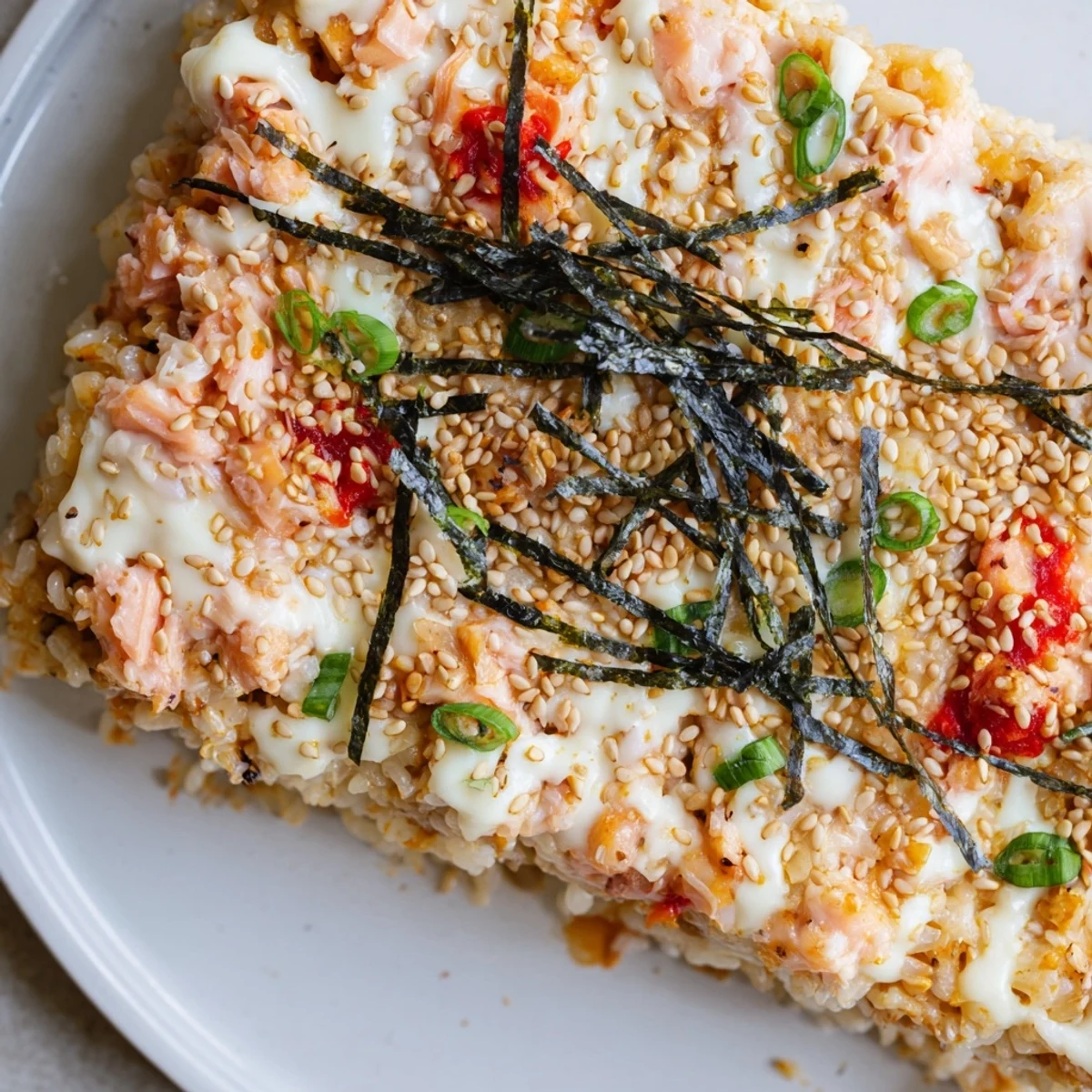 Golden, baked creamy salmon sushi bake, a flavorful and easy-to-prepare Japanese-American fusion dish.