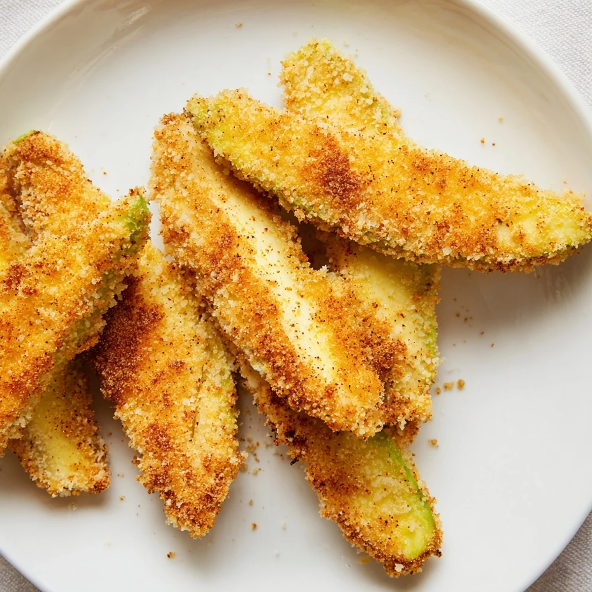 Freshly baked avocado fries, showcasing a perfect crispy exterior surrounding a creamy avocado interior, delicious.