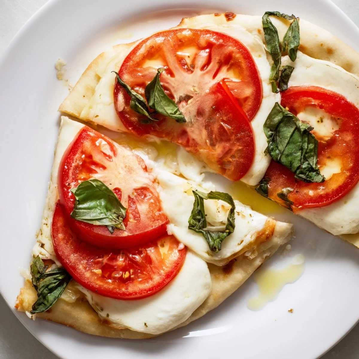 Enjoy a close-up of this Quick Margherita Naan Pizza, showcasing its soft naan base and vibrant toppings.