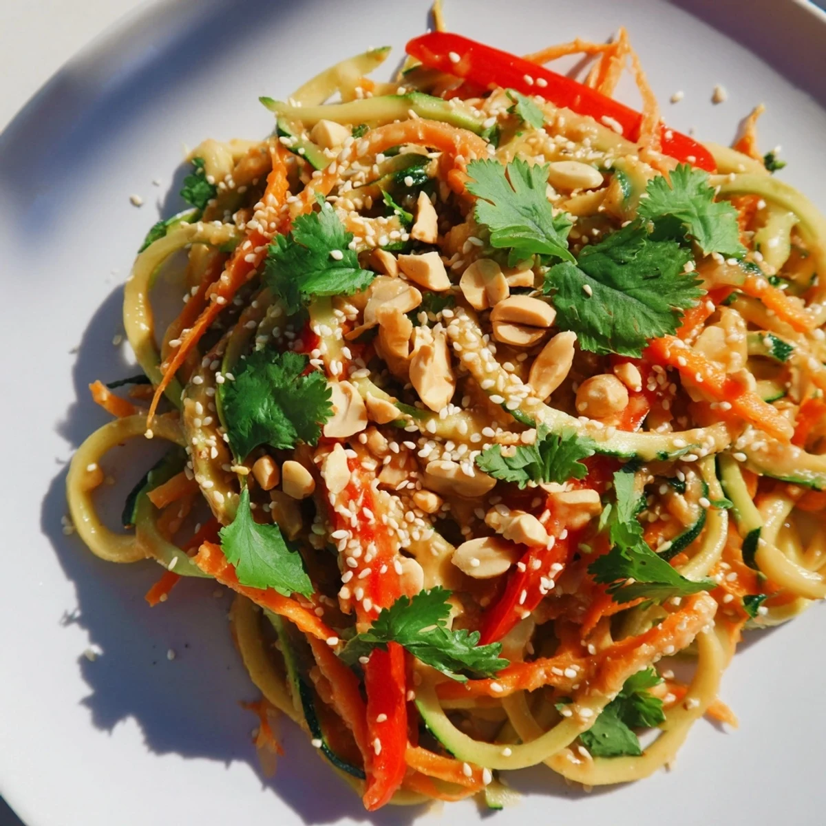 Vibrant Zesty Peanut Zucchini Noodles salad with colorful bell peppers and delicious peanut sauce dressing.