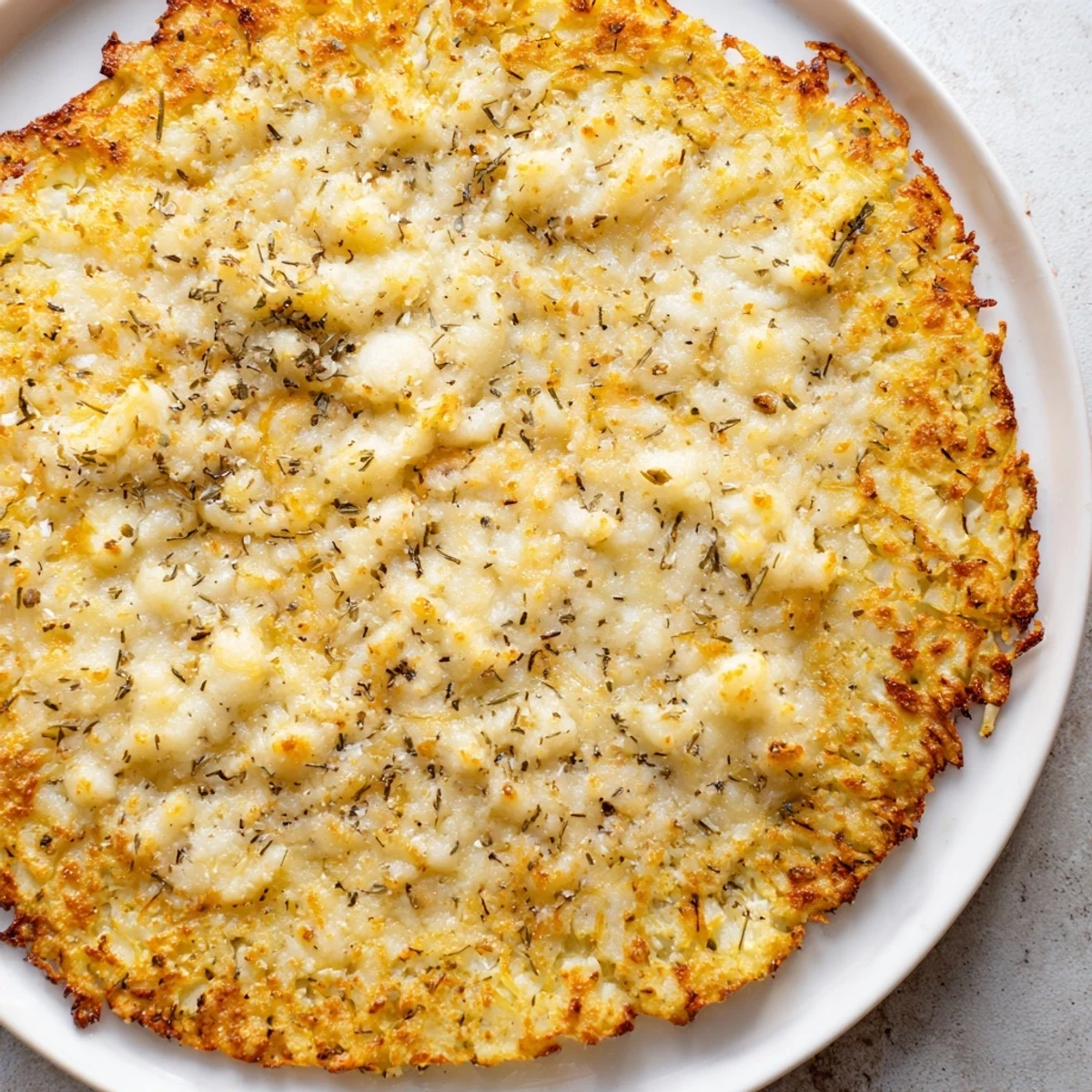 A perfectly baked cauliflower pizza crust, golden brown and ready for your favorite toppings.