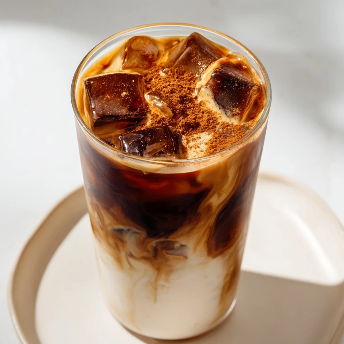 Cold, refreshing Brown Sugar Oat Latte, shaken espresso and creamy oat milk in a clear glass.