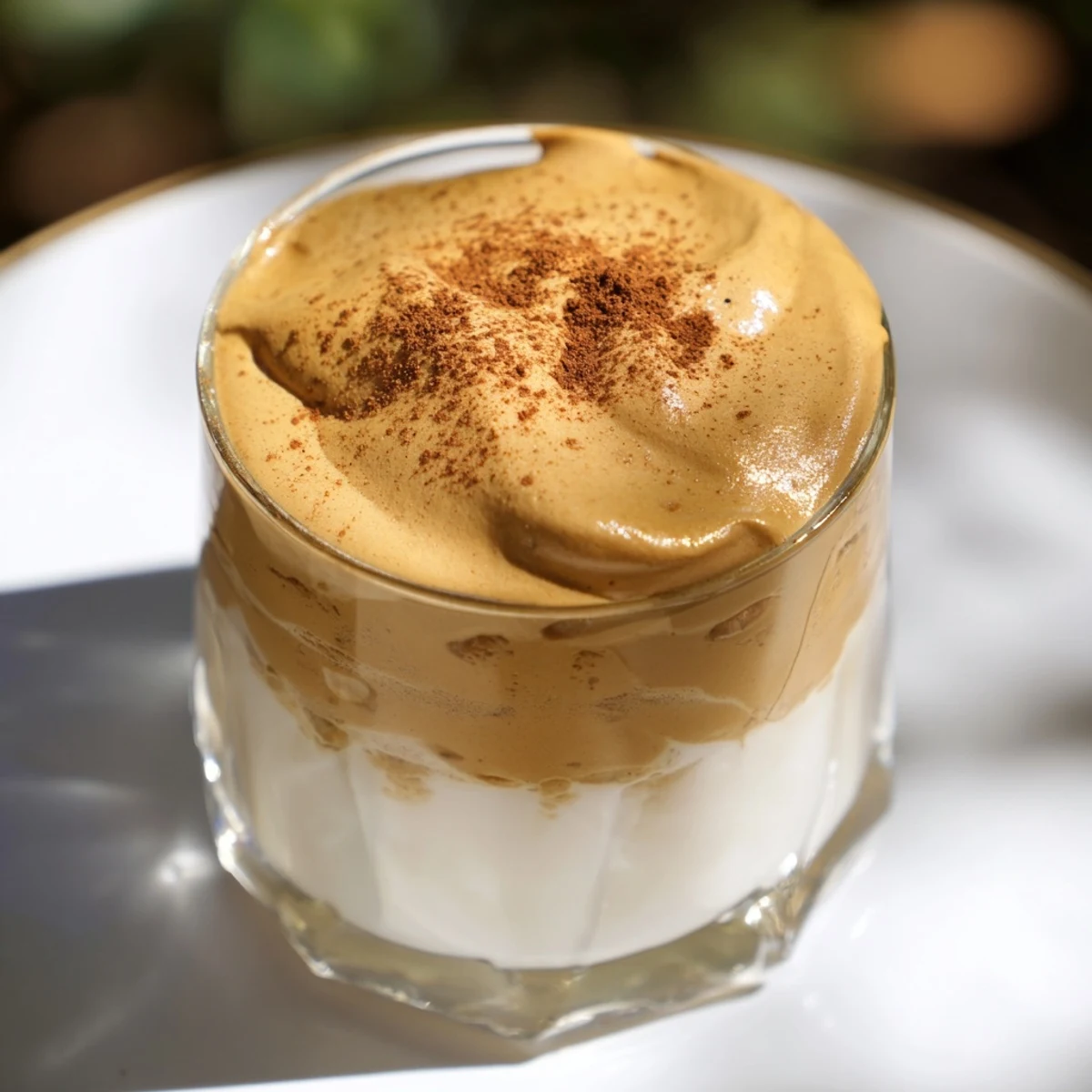 Fluffy, golden brown sugar Dalgona latte, beautifully layered over ice and creamy milk, ready to sip.