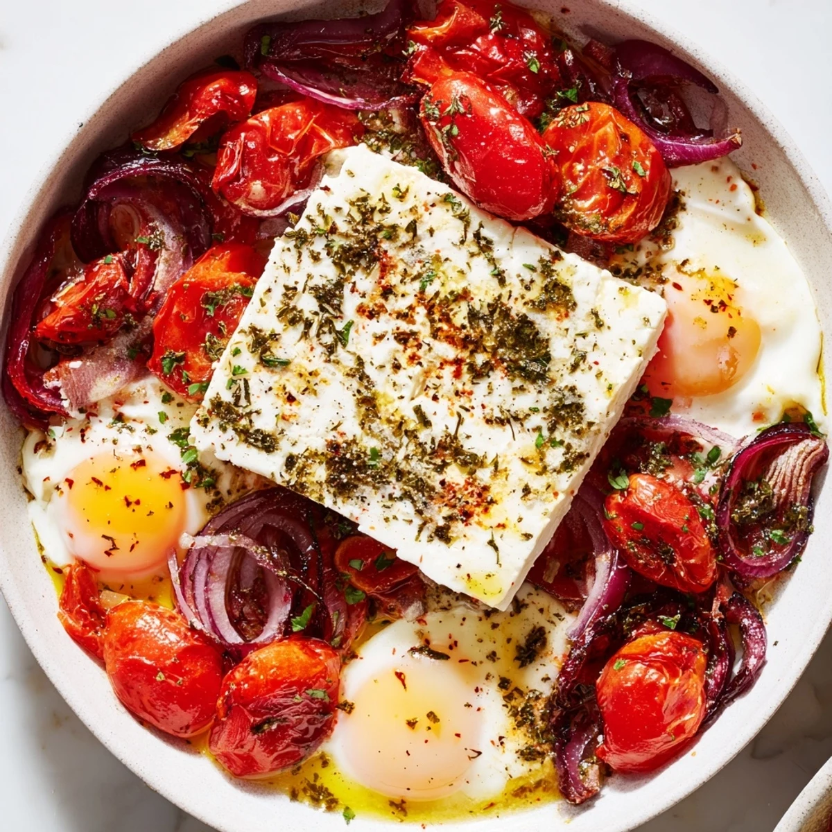 Mediterranean Baked Feta & Eggs: A close-up of a bubbling, cheesy baked egg dish with vibrant tomatoes.