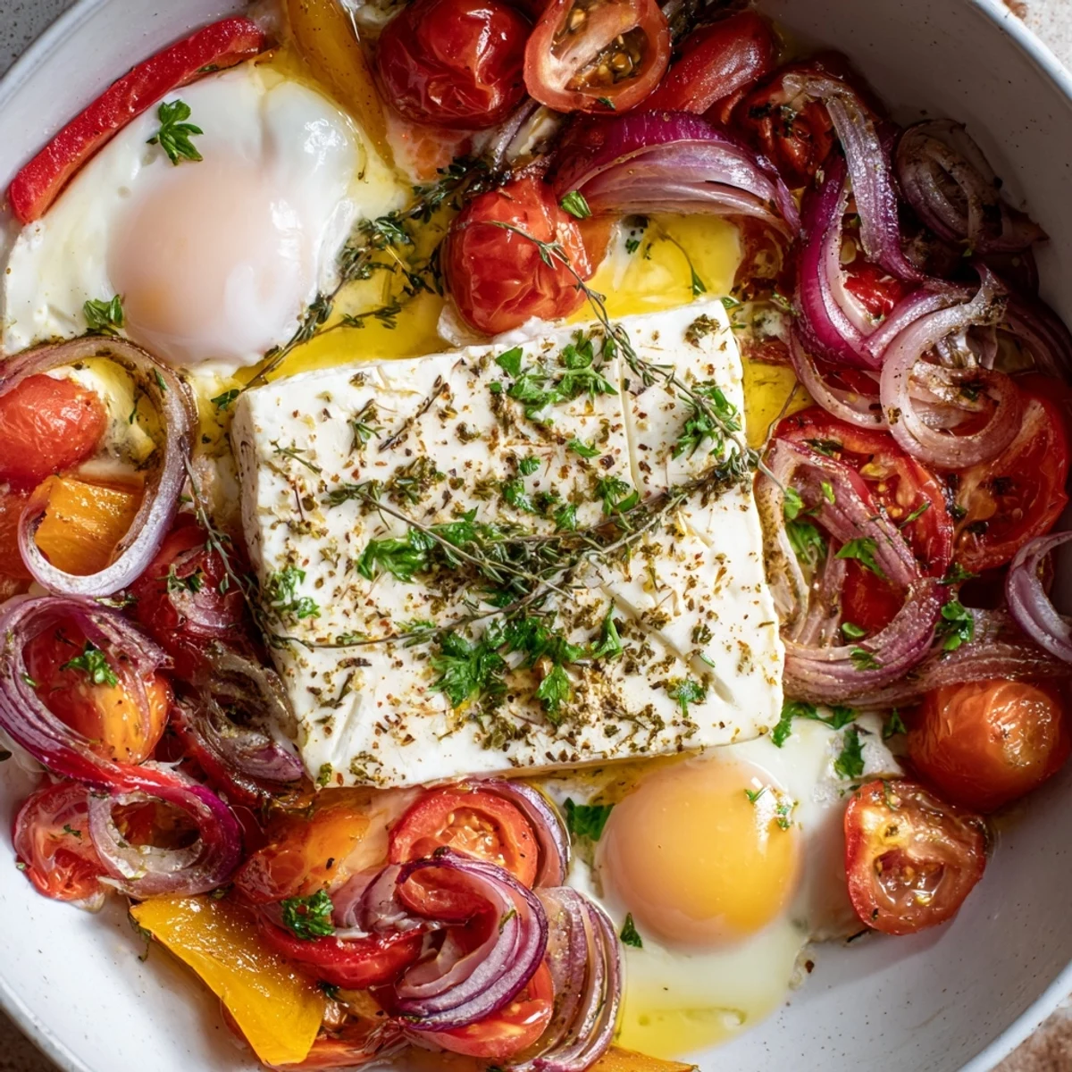 Warm, rustic Mediterranean Baked Feta & Eggs featuring runny yolks, perfect for dipping with crusty bread.