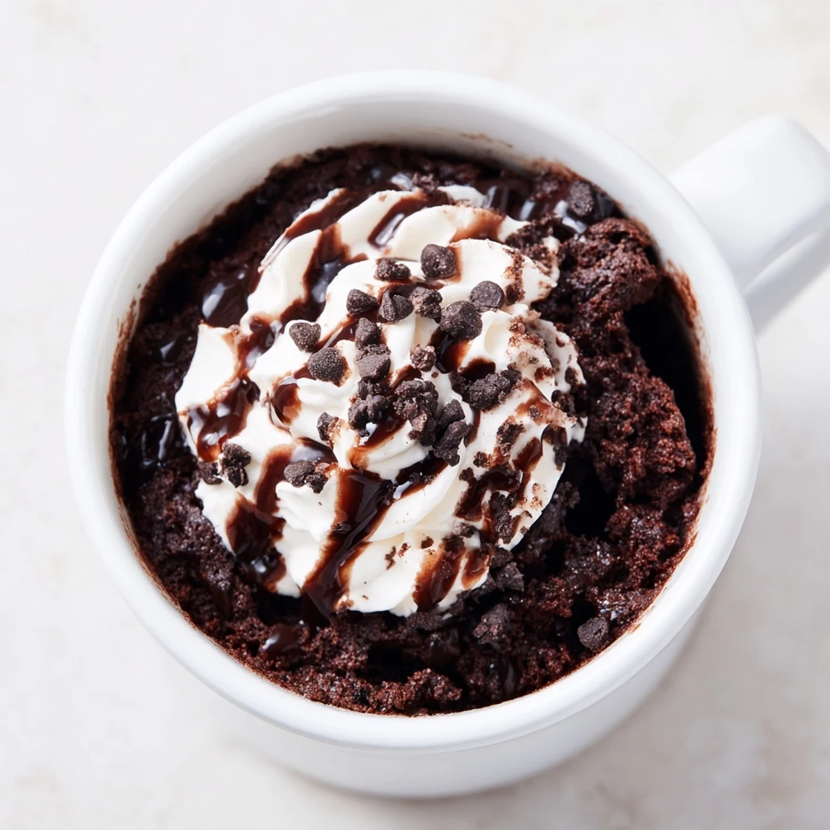 Steaming hot Oreo mug cake, topped with whipped cream, delivering a delightful chocolatey experience.