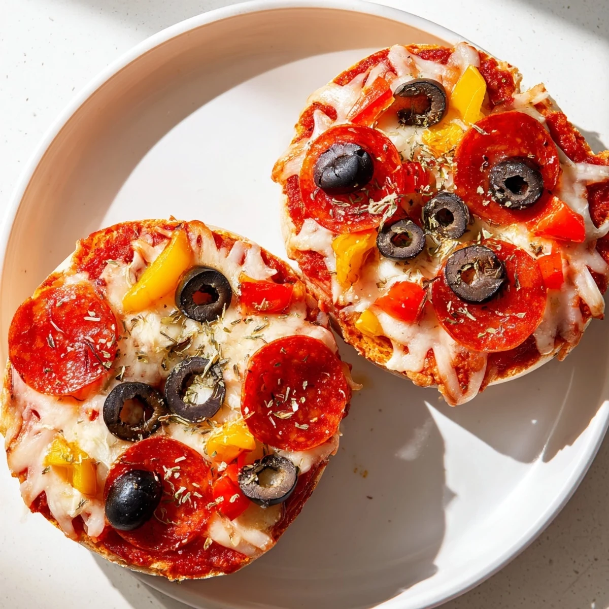 Golden, bubbly mini bagel pizzas in the air fryer, perfect for a quick and fun snack.