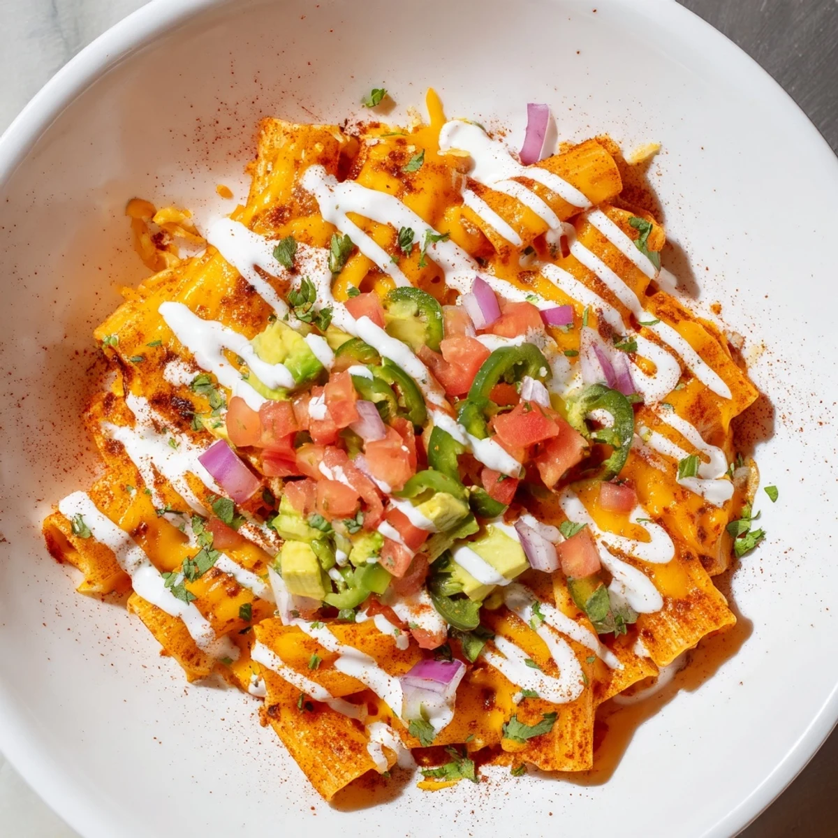 Warm pasta chips nachos topped with creamy cheese, diced tomatoes, and a zesty sauce, ready to serve.