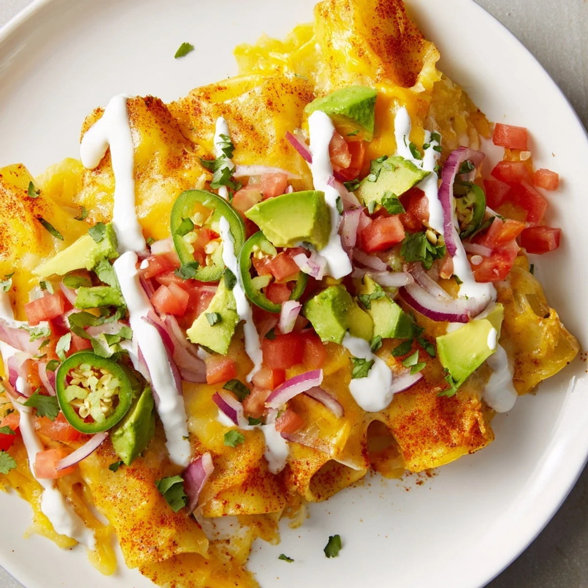 Golden, crispy pasta chips nachos piled high with melted cheese and fresh, colorful toppings.