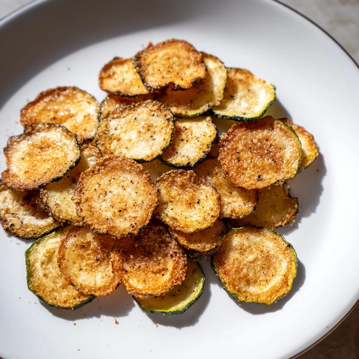These homemade crispy zucchini chips are a healthy, flavorful snack with delightful salty seasoning.