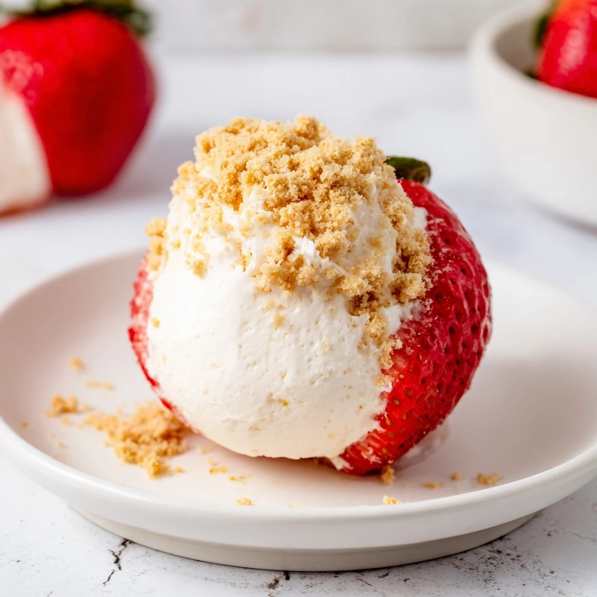 Fresh Cheesecake Stuffed Strawberries, plump and juicy, perfectly filled, sprinkled with sweet graham crumbs.