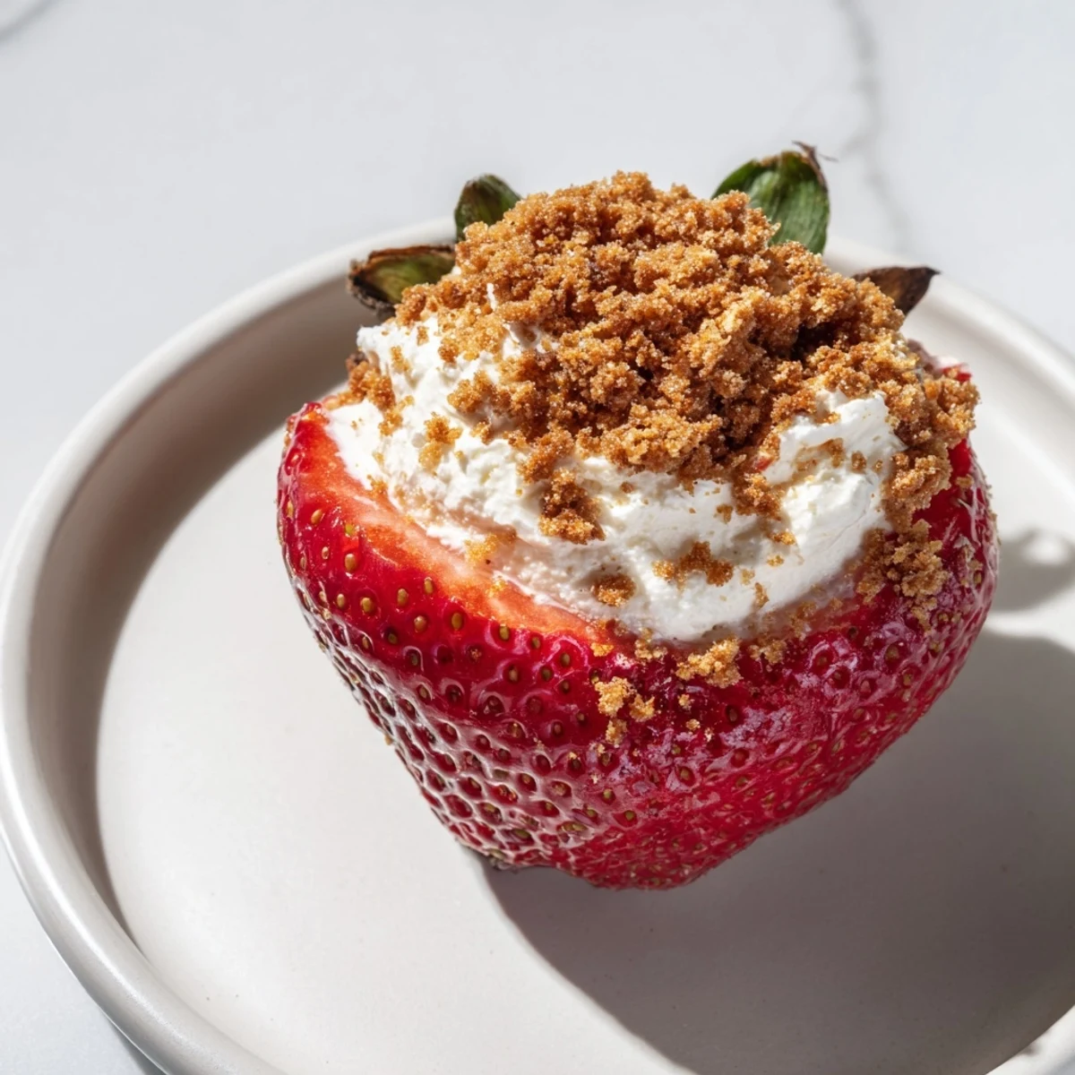 Creamy cheesecake overflows from vibrant red Cheesecake Stuffed Strawberries, a refreshing, no-bake dessert ready to enjoy.