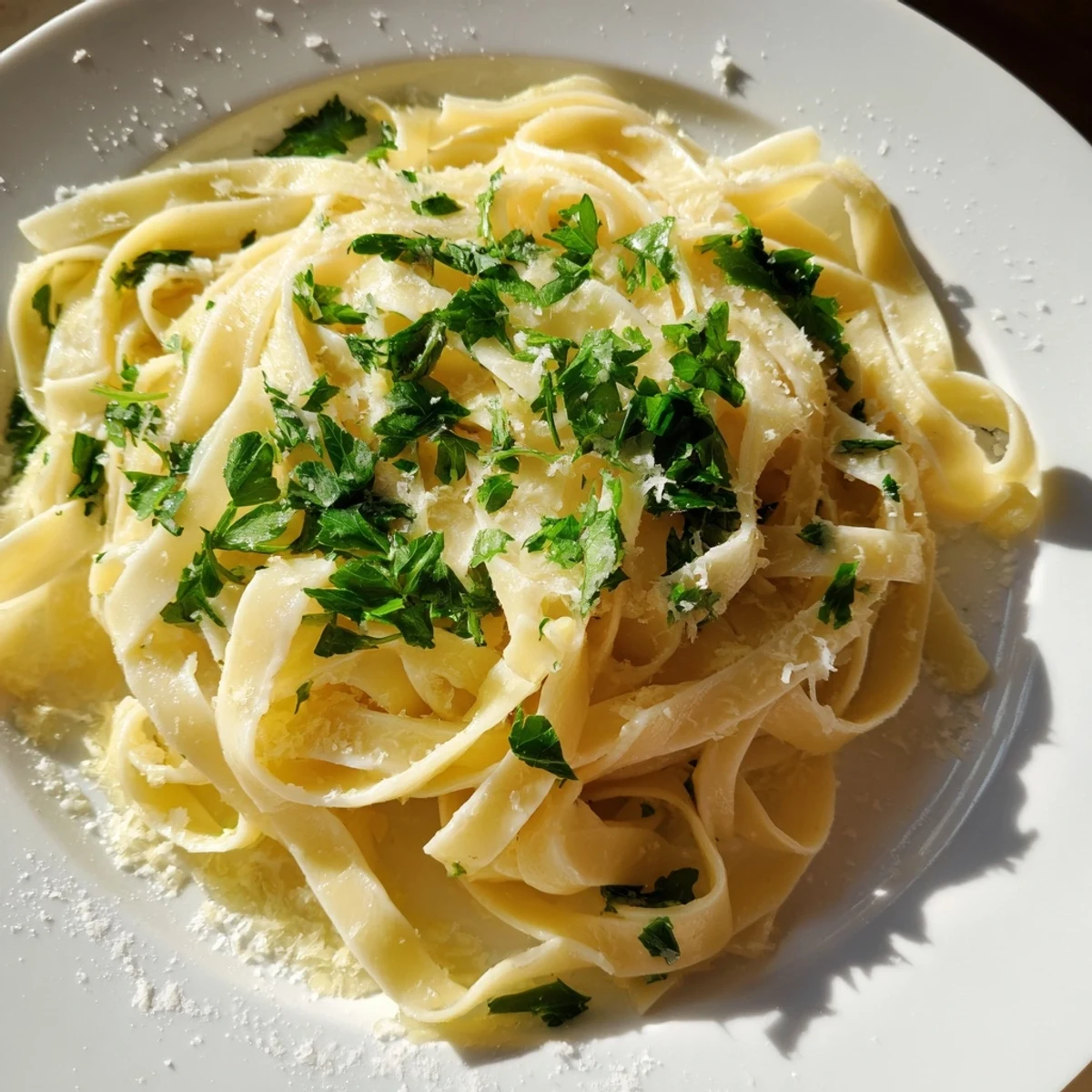 Golden, glossy Garlic Butter Noodles, perfectly coated and ready to eat with fresh parsley and Parmesan.