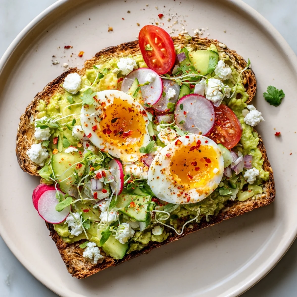 This vibrant Loaded Avocado Toast picture showcases textures and flavors: fresh veggies, feta, and a jammy egg.